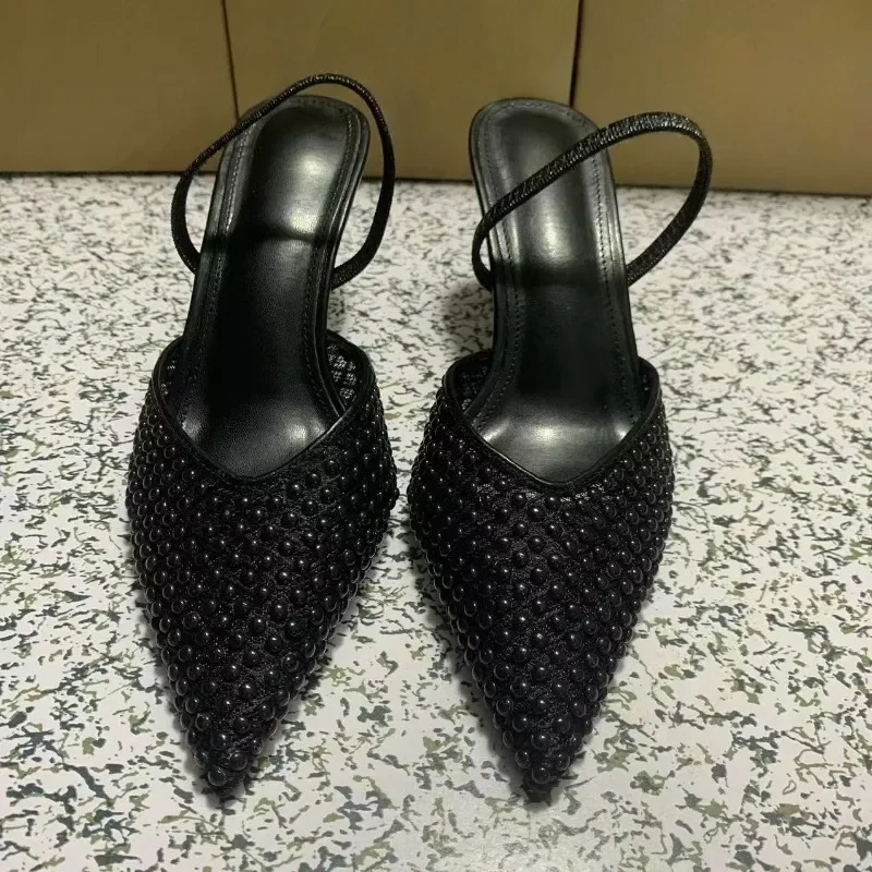 

Summer Large Size Women Modern Sandals Breathable Pearl Mesh Black High Heels Office Lady Shoes Slip-On Pointed Toe Stiletto
