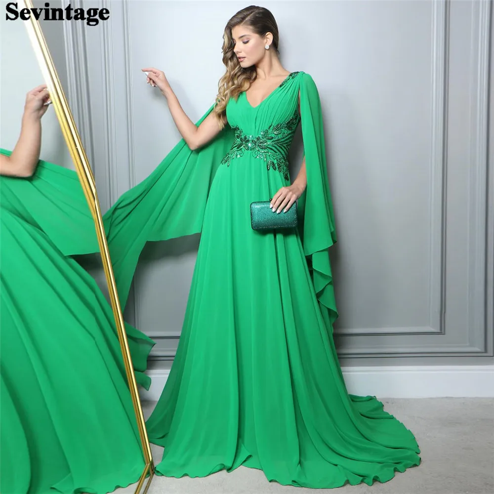 Customized Elegant Green A-Line Prom Dress V-Neck Long Cape Sleeve Sequineds Ruched Floor Length Evening Dress robes de soirée
