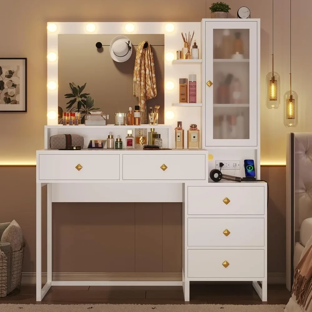 Tiptiper Vanity Desk with Mirror and Lights, Makeup Vanity with Lights & Charging Station, Makeup Desk with 5 Drawers