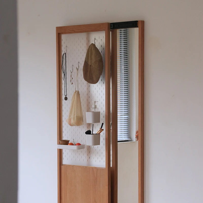 Solid wood full-length mirror push-pull hidden multi-function full-body mirror  mobile floor mirror