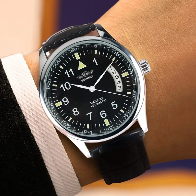 

Роскошные брендовые мужские автоматические механические часы с автоподзаводом, корпус из нержавеющей стали, черный кожаный ремешок с датой - элегантный подарок