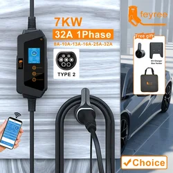 feyree Portable EV charger Type2 32A 7KW Fast Charging for Electric Vehicle APP Wi-Fi Control by Setting Current & Charging time