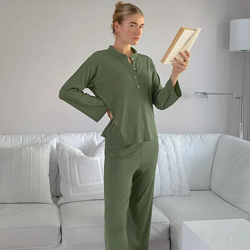 Wholesale Women's Pajama Set Comfortable Long Sleeved Trousers Top Stylish Small Pit Stripe Spring and Summer Homewear 2 Pieces