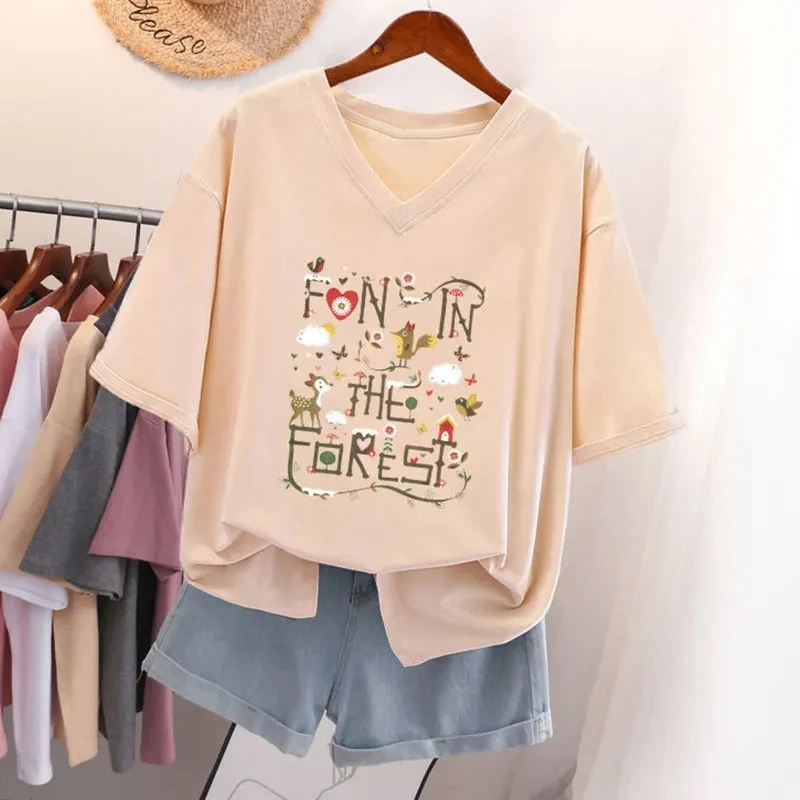 

Plus Size 6XL 150KG Summer Flower Women's Cotton T-shirt Short Sleeve V Neck Lady Tops Big Large Size Tees Female Clothing