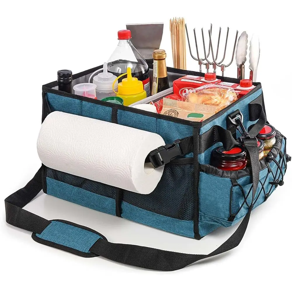 

Portable BBQ Tool Caddy with Towel Holder for Outdoor Grilling, Picnic, Tailgating, and Camping