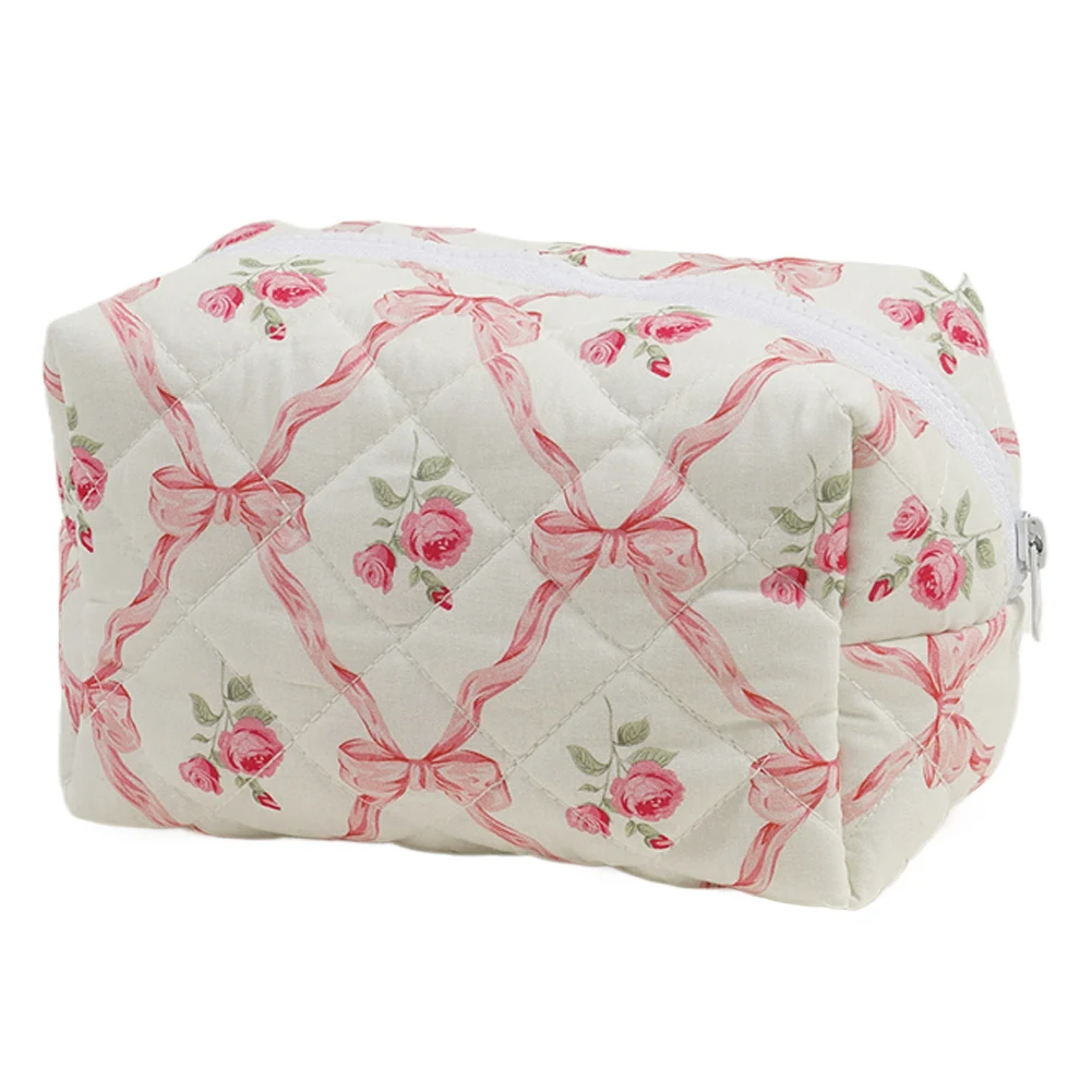 Cute Bow Floral Makeup Organizer Storage Bag with Zipper Cosmetic Organizer Case Cotton Quilted Skincare Bag for Women and Girls