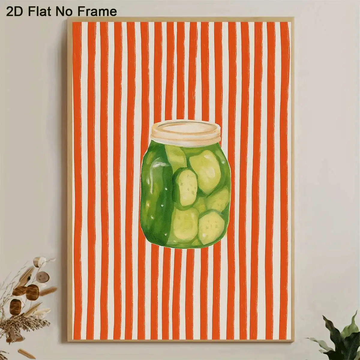 2D Flat, 2D Flat, Frameless 2D Flat Canvas Poster Featuring a Still Life of Pickled Cucumbers in a Glass Jar Set Against a Re