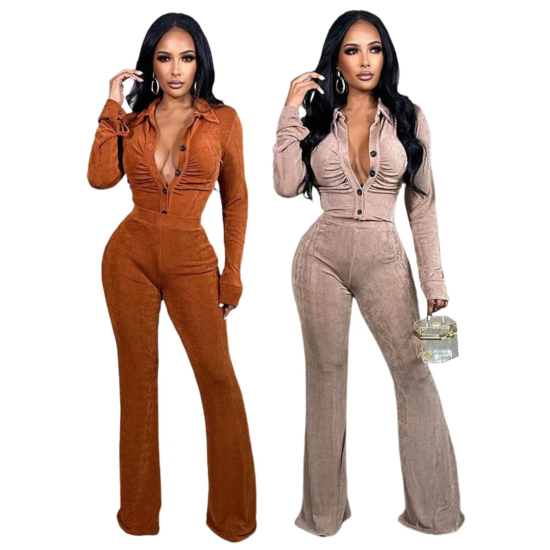 

Two Pieces Women Pant Sets Solid Matching Sets Button Turn Down Collar Coat Elastic Waist Full Length Pants Casual 2026 Summer