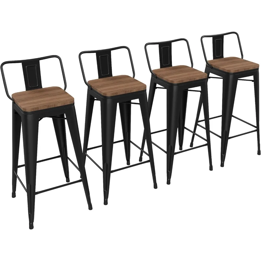

30 Inch Bar Stools - Set of 4 Metal Bar Height Chairs with Wood Seat and Low Back - Matte Black Kitchen Bar Stools