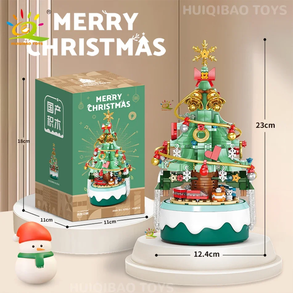 HUIQIBAO Minium Christmas Tree Music Box Model Bricks DIY Santa Claus Building Blocks Kit Toy Educational Gift For Children