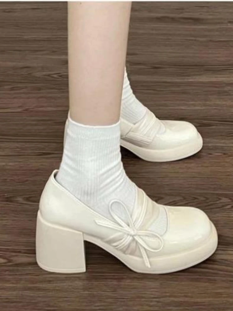 French Vintage Mary Jane Shoes Women Summer New Leather Small Leather Shoes Female Bow Gentle Style Pure Color Chunky Heel Shoes