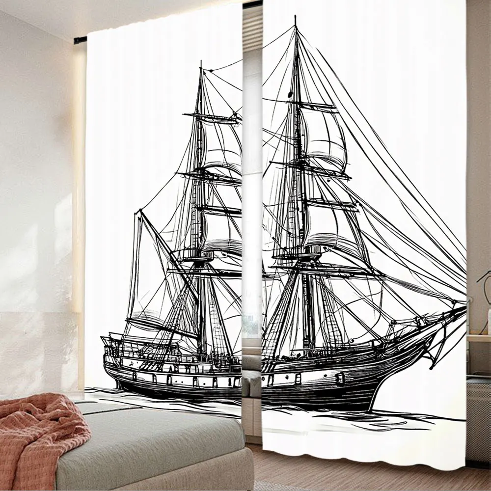 2Pcs Pirate Ship Curtain Sailing Boat Detailed Nautical Maritime Theme Vintage Suitable For Living Room And Bedroom