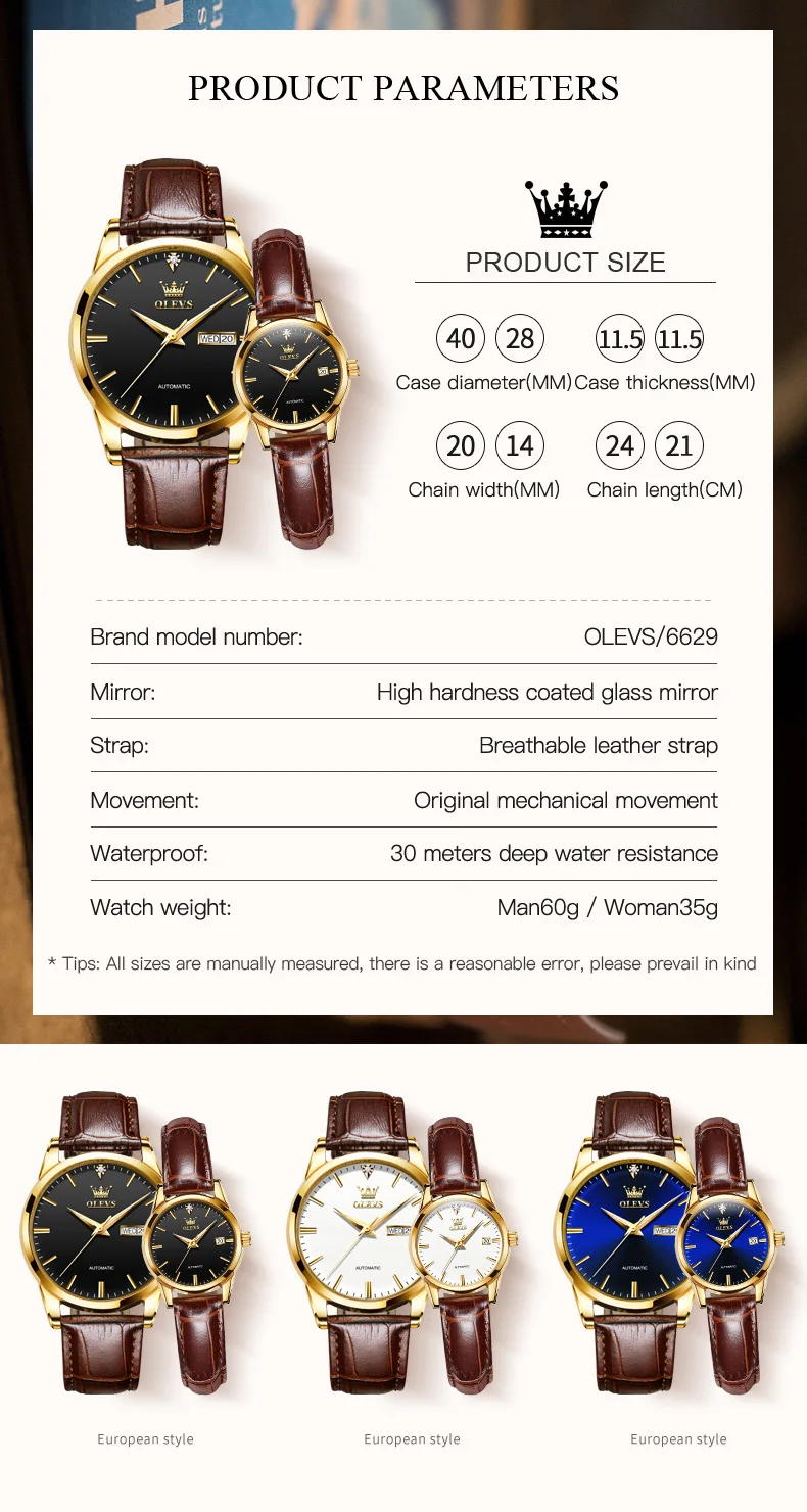 OLEVS 6629 Original Automatic Mechanical Watch For Men Women Waterproof Leather Couple Watches Simple Dial Top Brand Hand Clock