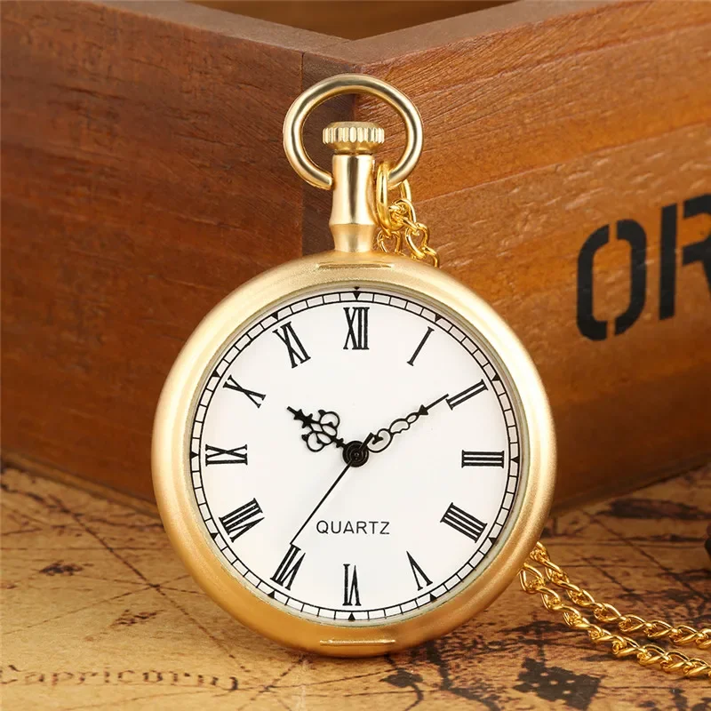 Luxury Golden Open Face Clock Roman Number Men Women Classic Quartz Analog Pocket Watch Necklace Pendant Chain Antique Reloj