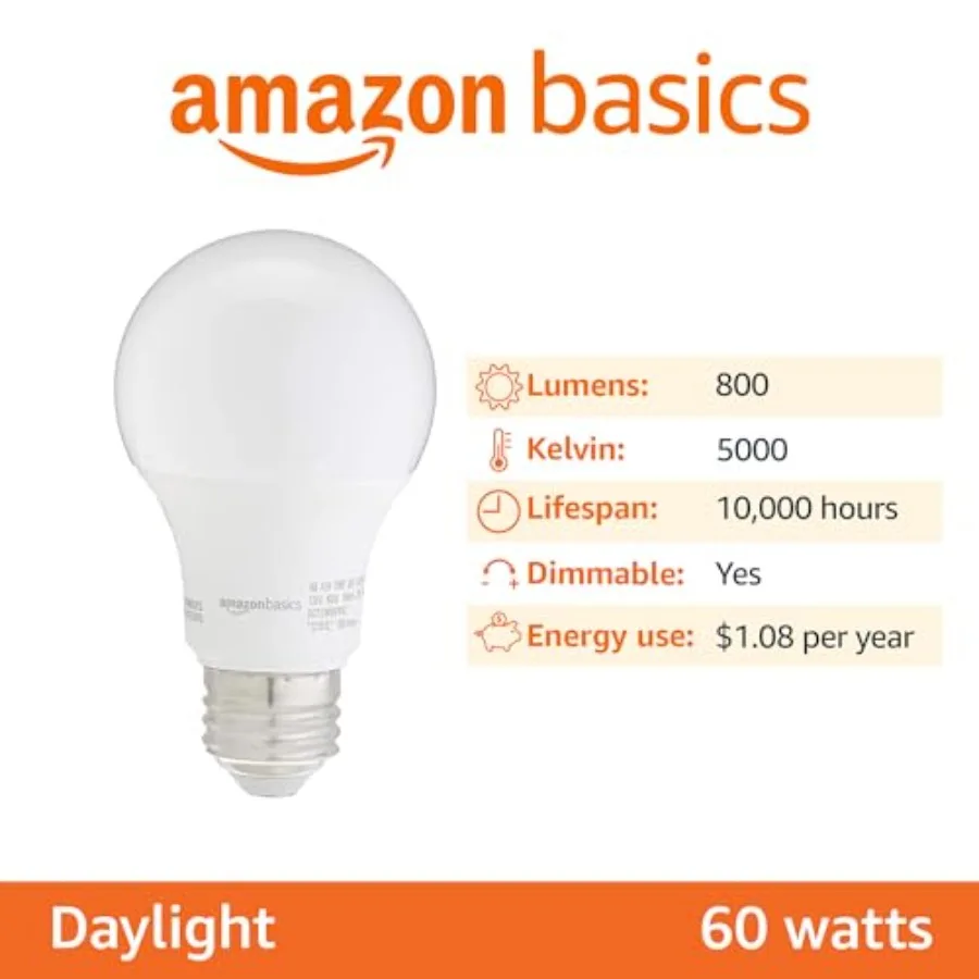 A19 LED Light Bulbs, 60W Equivalent, 9W Energy Efficient, E26 Standard Base, White 5000K, Dimmable, 10, 000 Hour Lifetime, 6-Pa