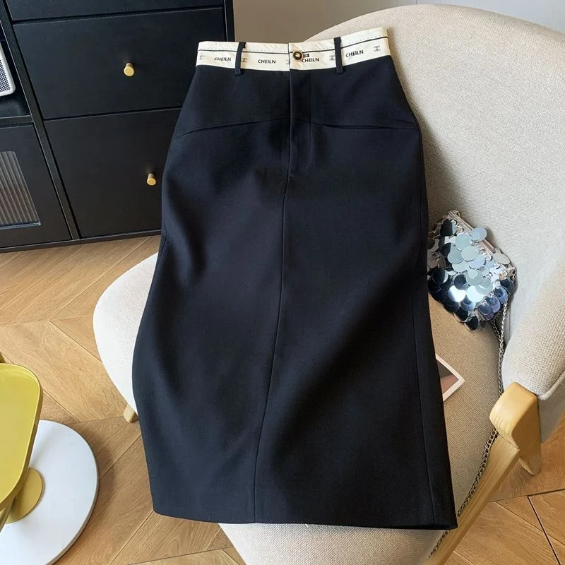 Damen High-Waist Schwarzer Midirock, Kontrastfarbener Bund Bandage Bodycon Bleistiftrock, Eleganter Büro-Arbeitsrock