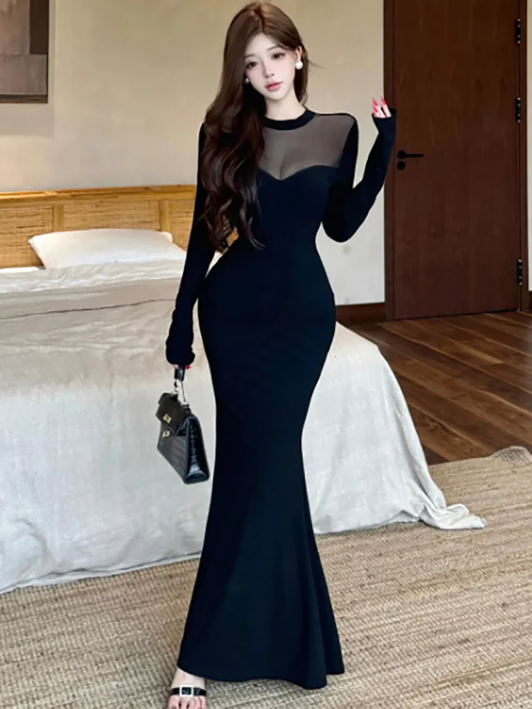 2025 Zwart Patchwork Mesh Sheer Sexy Club Jurk Vrouwen Lange Mouw Bodycon Avondjurk Zomer Koreaanse Luxe Festival Prom Dress