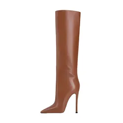 Arden Furtado Winter Brown Knee high boots Pointed toe Sexy Stilettos heels Side zipper Skinny boots Extra large size boots