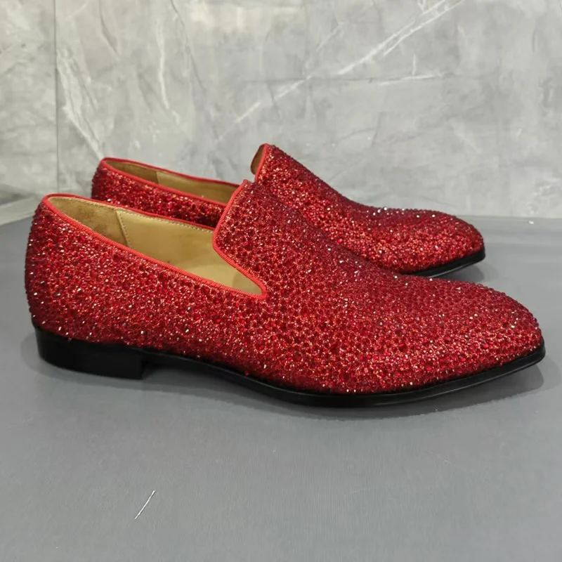 

Red Rhinestone Loafers For Men Luxury Glitter Shoes Men Sequin Shoes Handmade Slip On Mens Dress Shoes Party Wedding Shoes