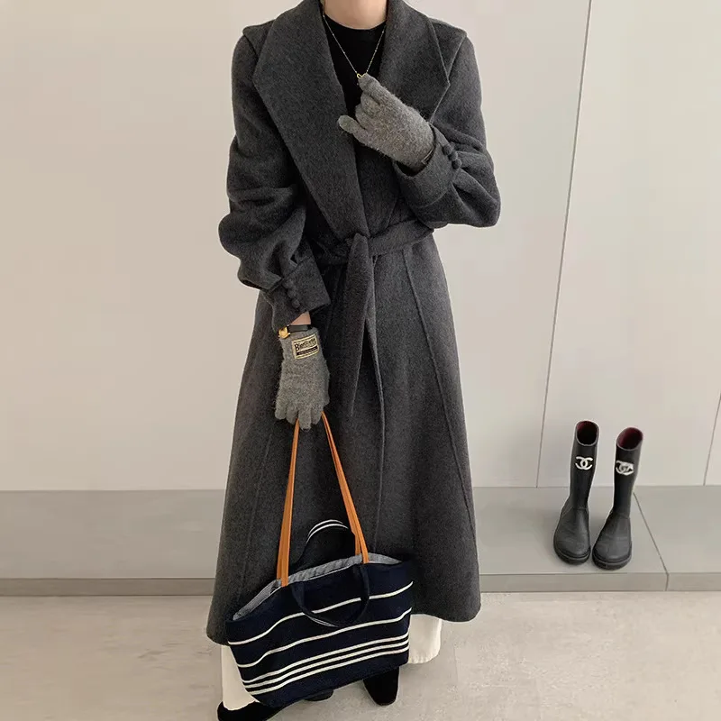 Double-sided Cashmere Coat for Women Loose Causal Coats Winter Jacket Female Notched Collar Belted Overcoat