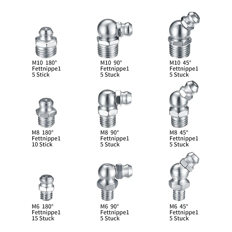 60 PCS Metric Grease Fittings Kit Metal M6 M8 M10 45 90 Degree Hydraulic Grease Zerk Assortment For Angled Grease Mechanical