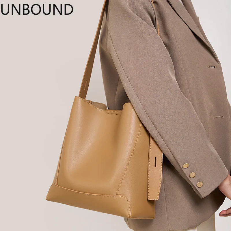 

UNBOUND genuine leather womens bucket bag shoulder crossbody versatile commuter large capacity cowhide tote handbag daily carry