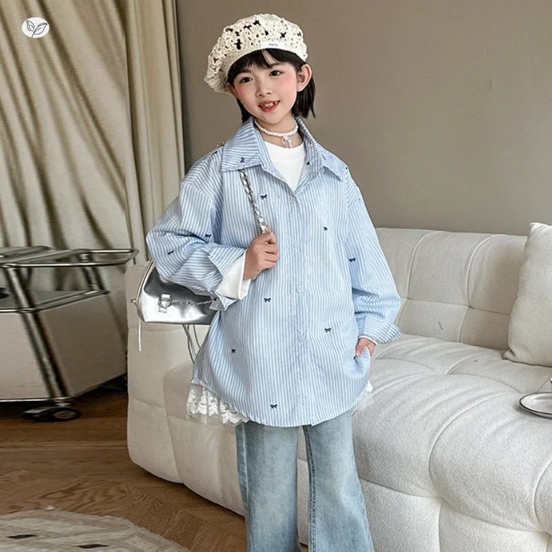 

Girls' Striped Shirt 2025 Autumn New Fashion Loose Casual Thin Jacket Big Children's Spring and Autumn Shirt Trend