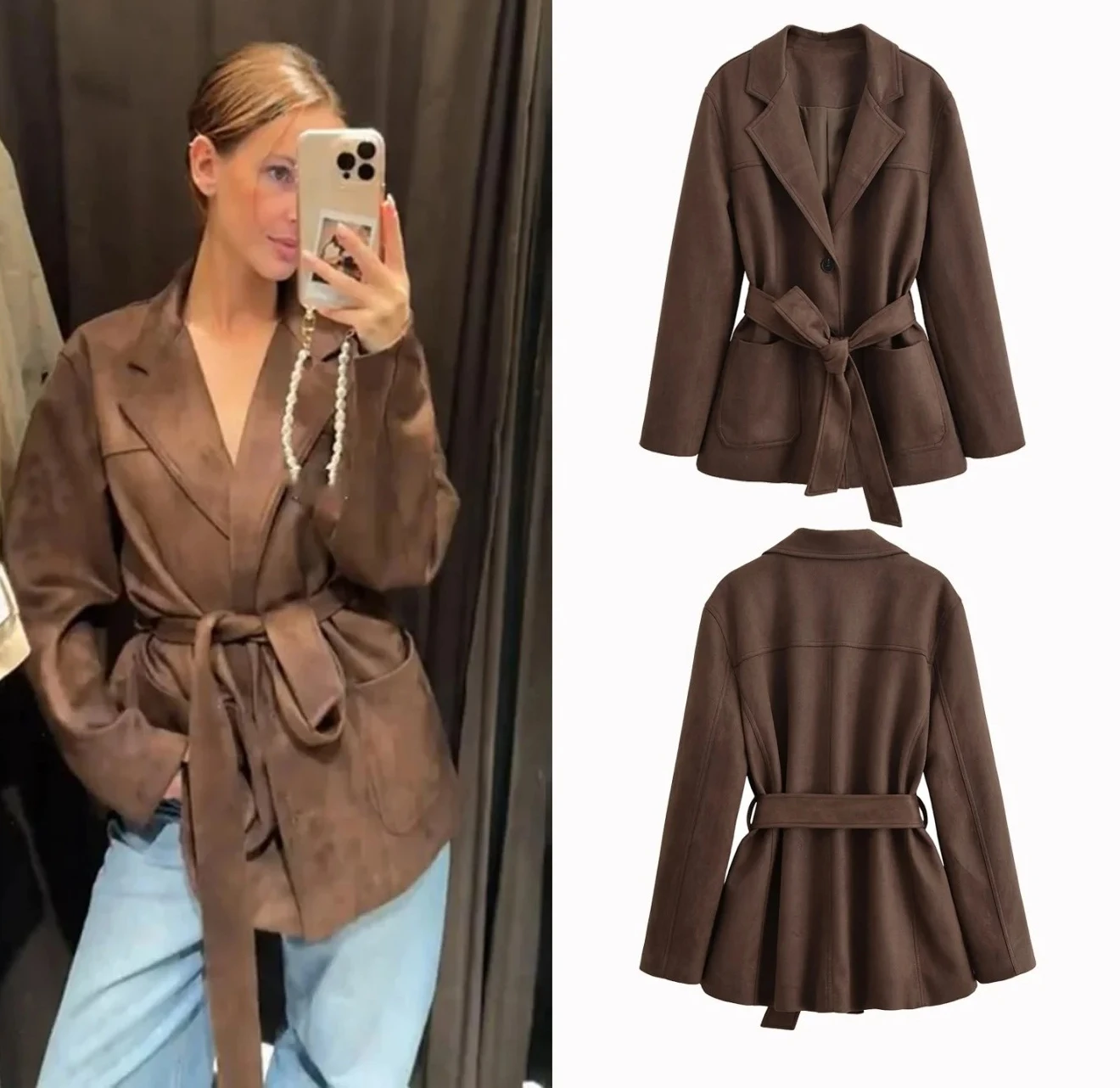 Lose Windjacke aus Wildlederimitat für Damen, einfarbig, mit Gürtel, langärmeliger Trenchcoat
