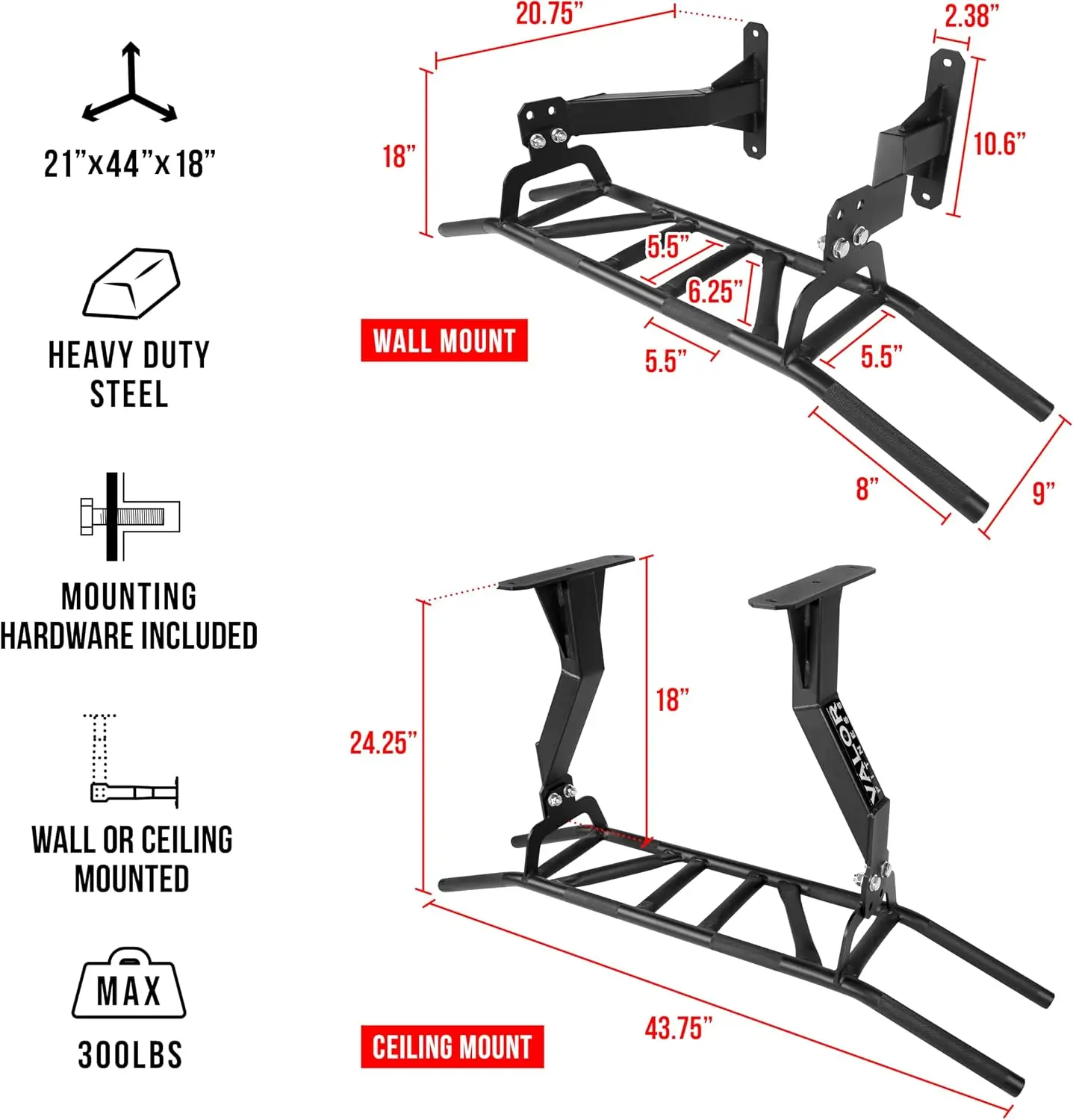 Chin-Up and Pull-Up Bar with Multiple Grip Positions, Mountable on Wall or Ceiling, Upper Body Muscle Building Station, Home Gym Workout Equipment