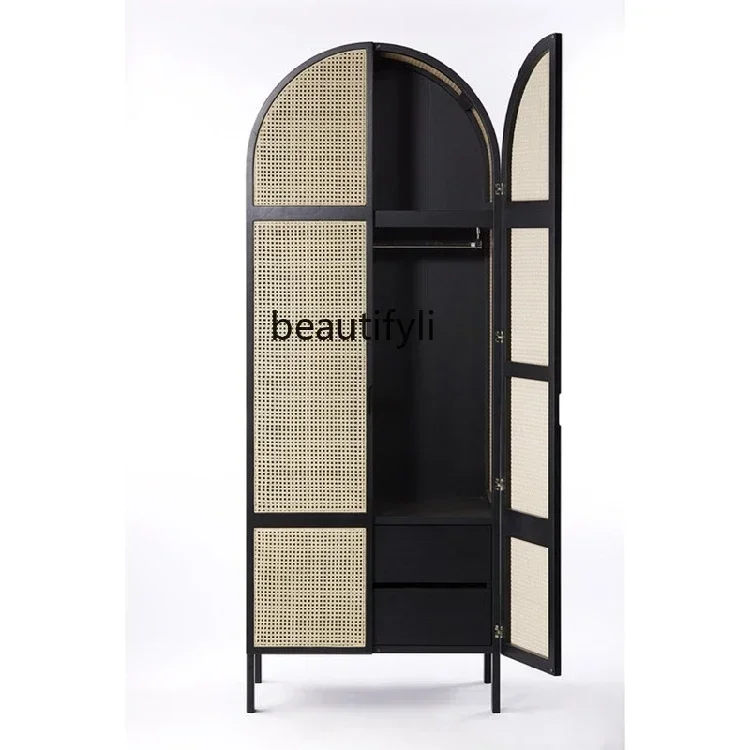 American-Style Solid Wood Wardrobe Nordic Simple Locker Vintage Rattan Two-Door Wardrobe Designer Storage Cabinet