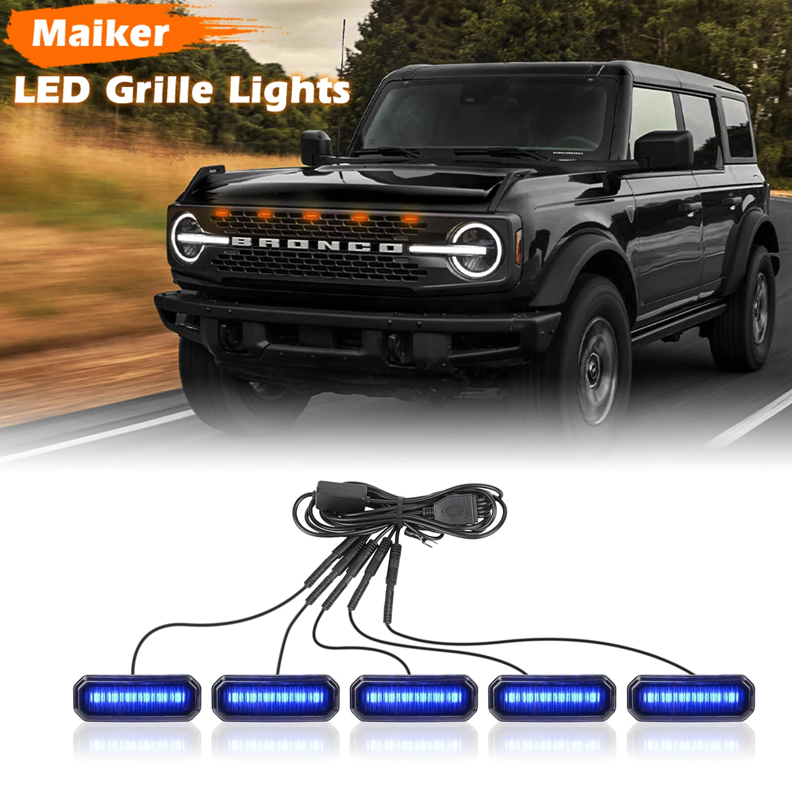 

MAIKER RGB LED Front Grille Lights For 2021-2024 Ford Bronco Badlands Wildtrak Everglades & Stroppe Edition 2/4 Door Grill Lamps