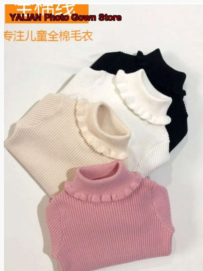 Girls Infant Turtleneck Knit Pullover Sweater Round Neck Ribbed Lace Trim Pure Cotton Soft Skin-Friendly High Neck