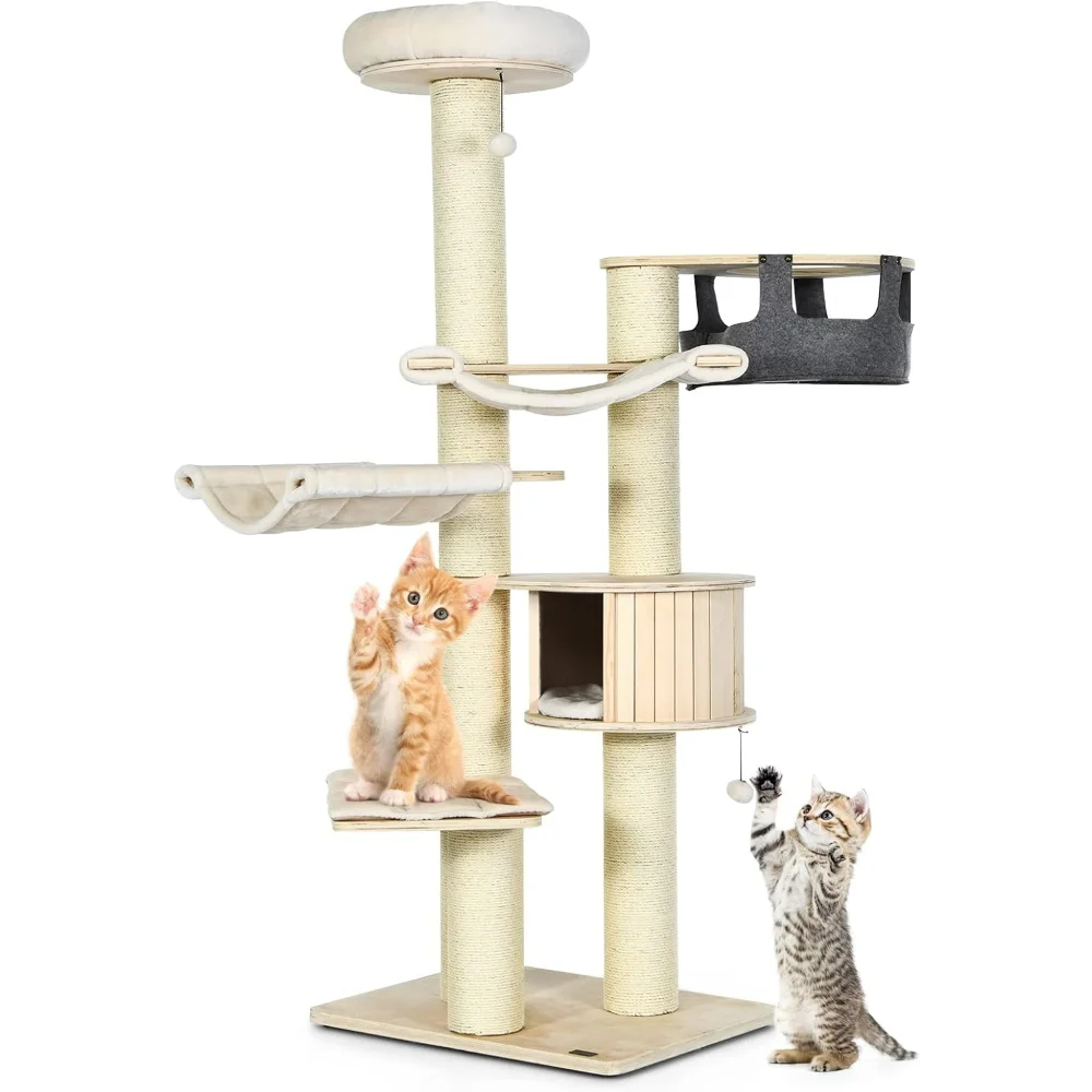 

Large Cat Tree, Multi-Level Tall Cat Tower with Sisal Scratching Posts, Removable Washable Cushions, Modern Wood Cat Tree