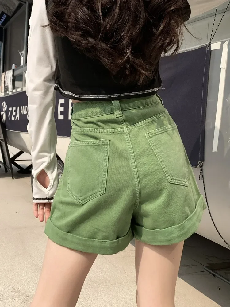 Green Shorts Feminina Summer Casual Loose Vintage  Jeans Shorts Women Streetwear High Waisted Wide Leg Denim Shorts