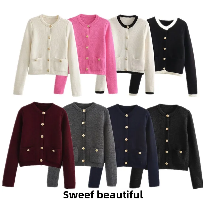 

Faionable Knitted Sweater Coat Women's round Ne Long Sve Gold Button Decorated New Autumn Winter Outerwear
