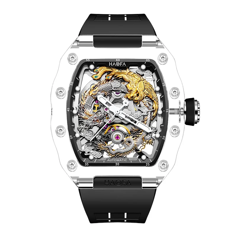 

Haofa полые прозрачные 3D механические часы Dragon Phoenix для мужчин, автоматические наручные часы, светящиеся водонепроницаемые часы с кристаллами 2369