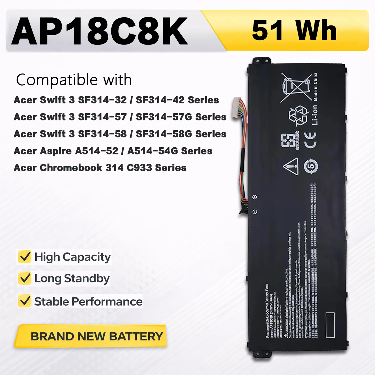 PowerHub AP18C8K 11.25V 51Wh 4471mAh Laptop Battery For Acer Swift 3 SF314-42 SF314-57 SF314-32 AP18C4K Aspire A514-52 SF314-58