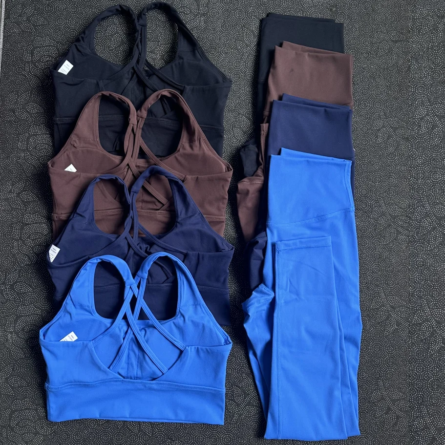 

Solid Color Soft Women Gym Yoga Set Sexy Cross Back Strap Gym Bra+High Waist Sport Yoga Legging 2pc Tight Sportwear Workout Wear