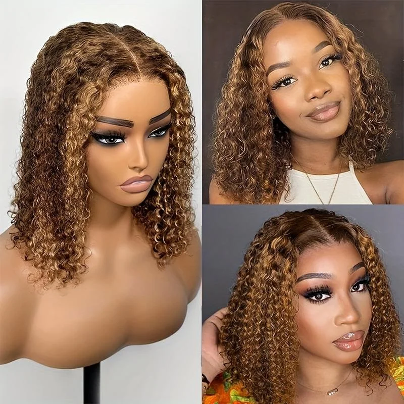 4/27 Evidenziare Parrucca Bob Riccia Capelli Brasiliani 5x5 Chiusura Del Merletto Parrucche Dei Capelli Umani P4/27 Ombre Colore Ricci crespi Parrucche corte Bob