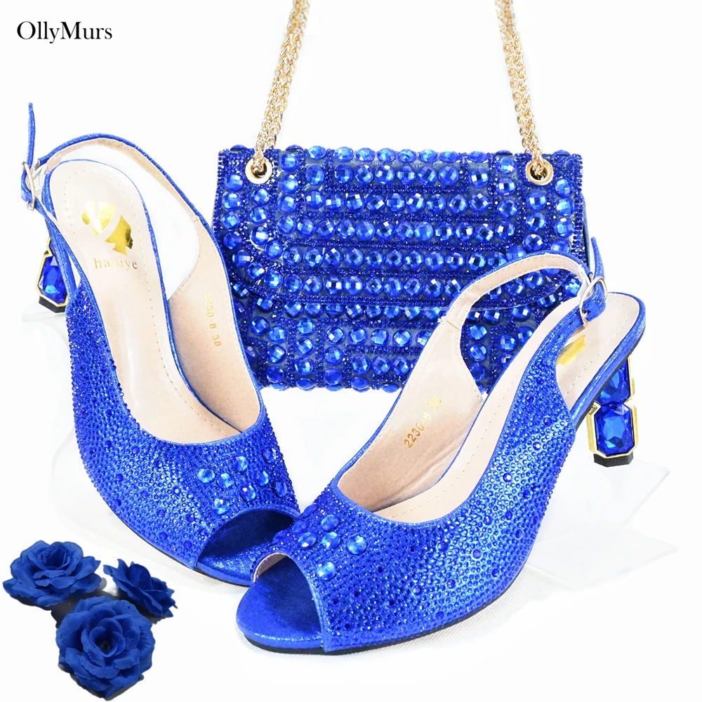 

Nigerian Summer Rhinestone Women Shoes And Bag Set INS Hot Selling Special Design Crystal Sandal Shoes With Bag Set For Party