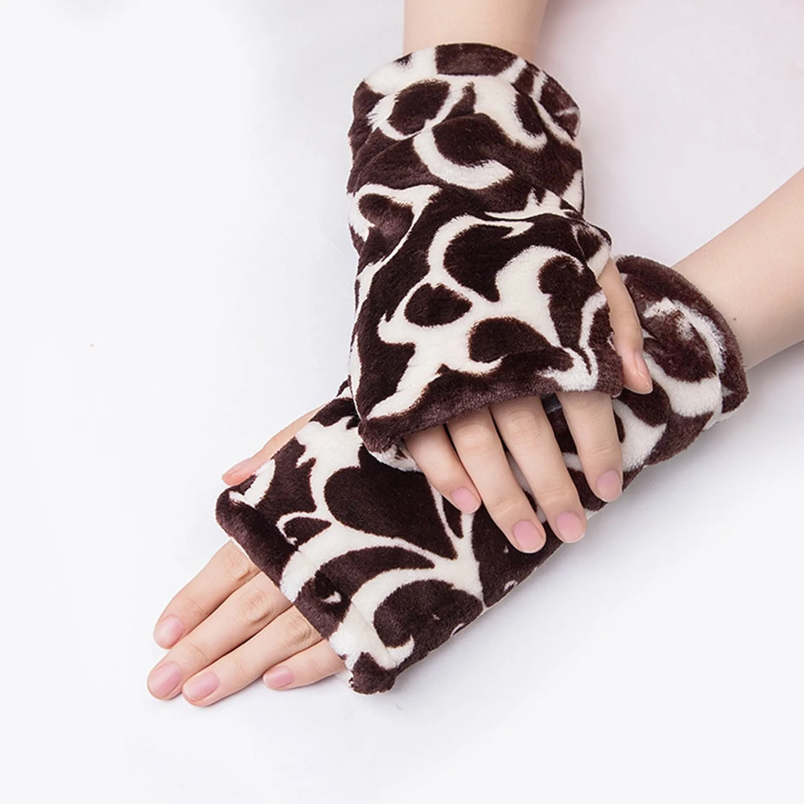 

Women'S Thick Flannel Half-Finger Gloves Leopard Print Solid Color Warm Comfort Gloves Casual Fashion Aesthetic Practical Gloves