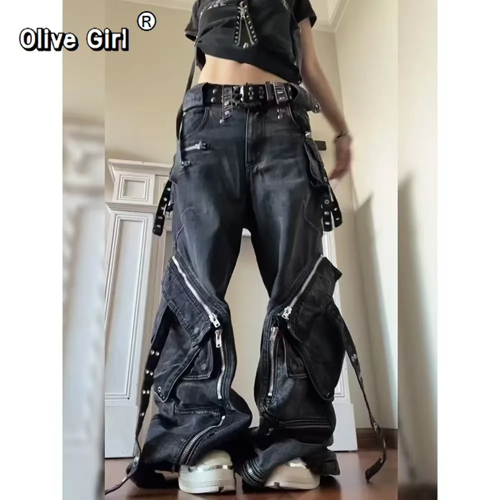 Olivegirl Women's Jeans Denim Pants Goblin Core Y2K Baggy Jeans Punk Wide Fit Japanese Harajuku Trousers Dark Academia Grunge