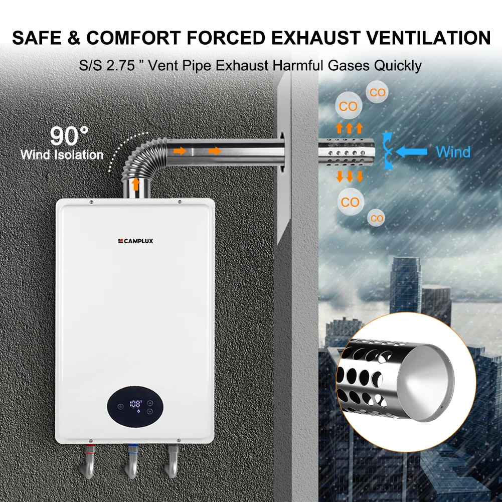 CAMPLUX CA528 5.28GPM 150000BTU Indoor LPG Tankless Hot Water Heater High Flow Instant Heating Compact Design Flue Pipe
