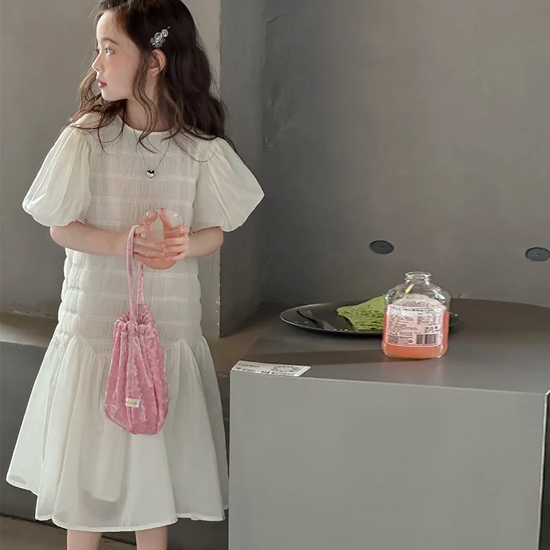 2024 Korean Summer School Girl Dress Teenager Girl Bubble Sleeve Onepiece Dress Children Girl Shiny Princess Dress Kids Dress