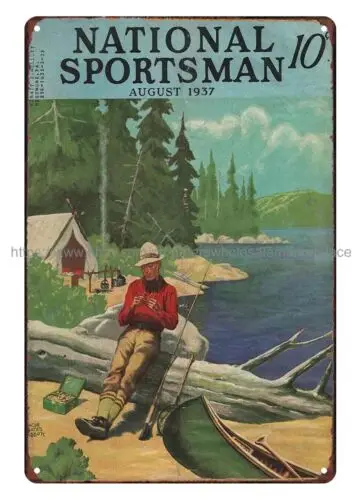 bar signs 1937 National Sportsman cover art fishing cabin metal tin sign