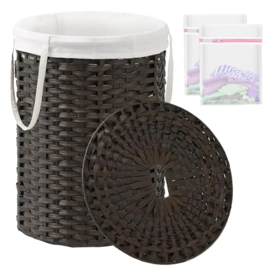 

Round Rattan Laundry Basket with Lid and Handles for Bathroom and Living Room Storage 29.1 Gallon 110 L Handwoven Woven Hamper