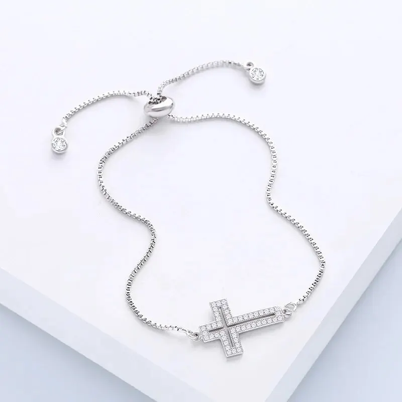 Stylish Copper Set Zirconium Cross Bracelet Men's AND WOMEN'S Gold Silver Color Simple Adjustable Chain Bracelet Party Jewelry