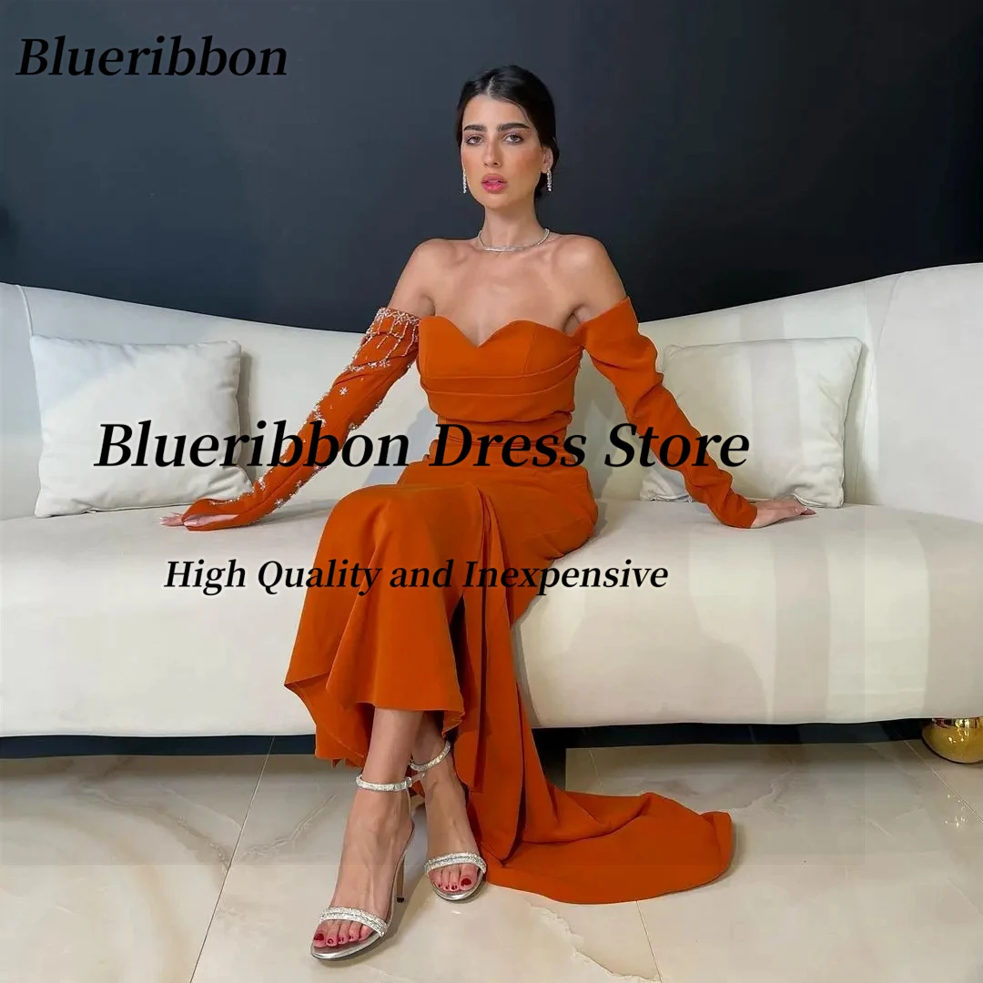 

Blueribbon Bespoke Sweetheart Prom Party Dresses with Beading Long Sleeves Evening Gowns Side Slit Vestidos Des Fiesta