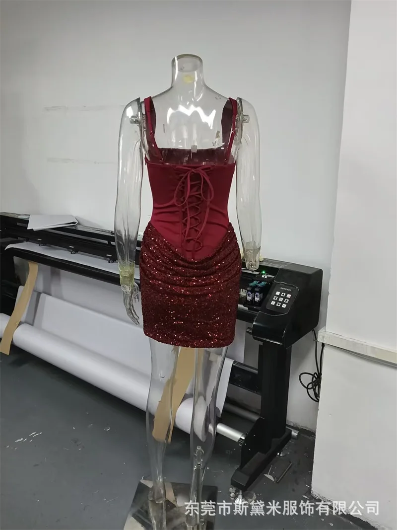 Abito da ballo con paillettes lucide Corsetto sexy senza maniche con lacci sul retro Mini abito da sera formale da sposa corto Abito da sposa per banchetti