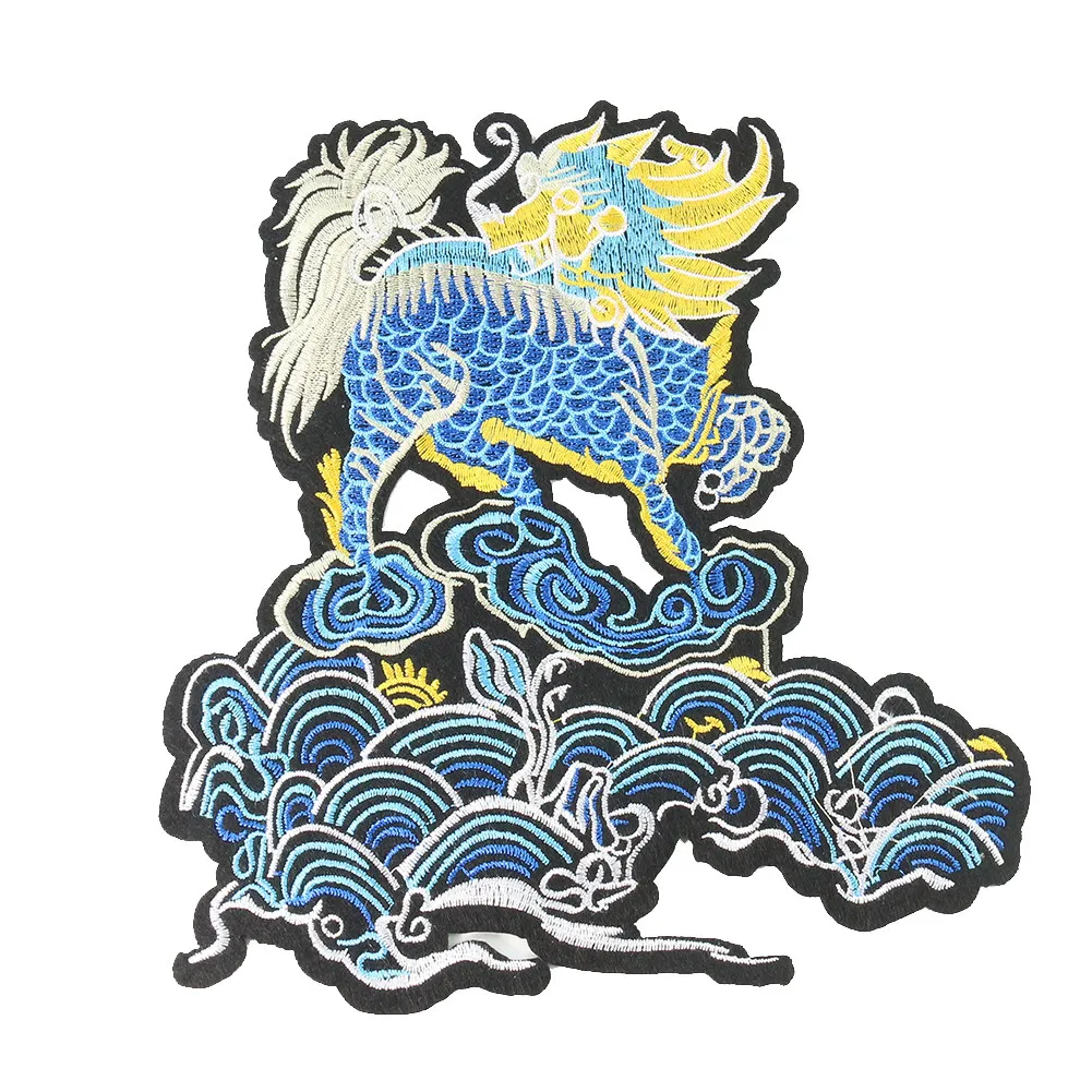 Chinese style anime embroidery badge, stepping cloud qilin embroidery cloth sticker, clothing cheongsam decoration
